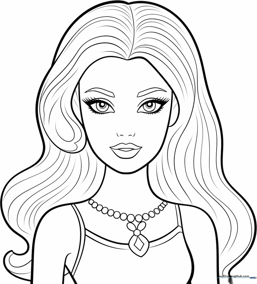 Black and white line art of Classic Barbie featuring clear outlines for children to color with markers or crayons.