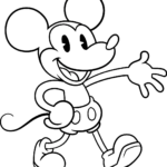 Black and white line art of Classic Mickey Mouse featuring his signature round ears, friendly smile, and shorts, ready for coloring.