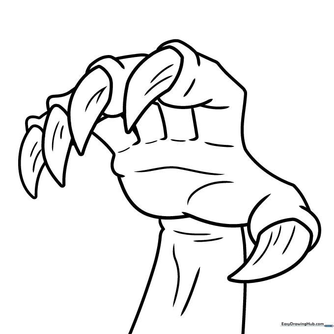 Black and white line art of a creature's claws, featuring bold outlines suitable for children to color with crayons or markers.