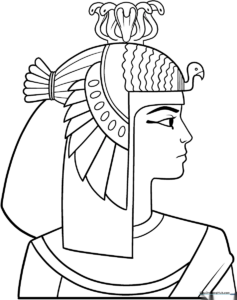 Black and white line art of Cleopatra wearing a traditional Egyptian headdress and royal collar, ready for coloring.