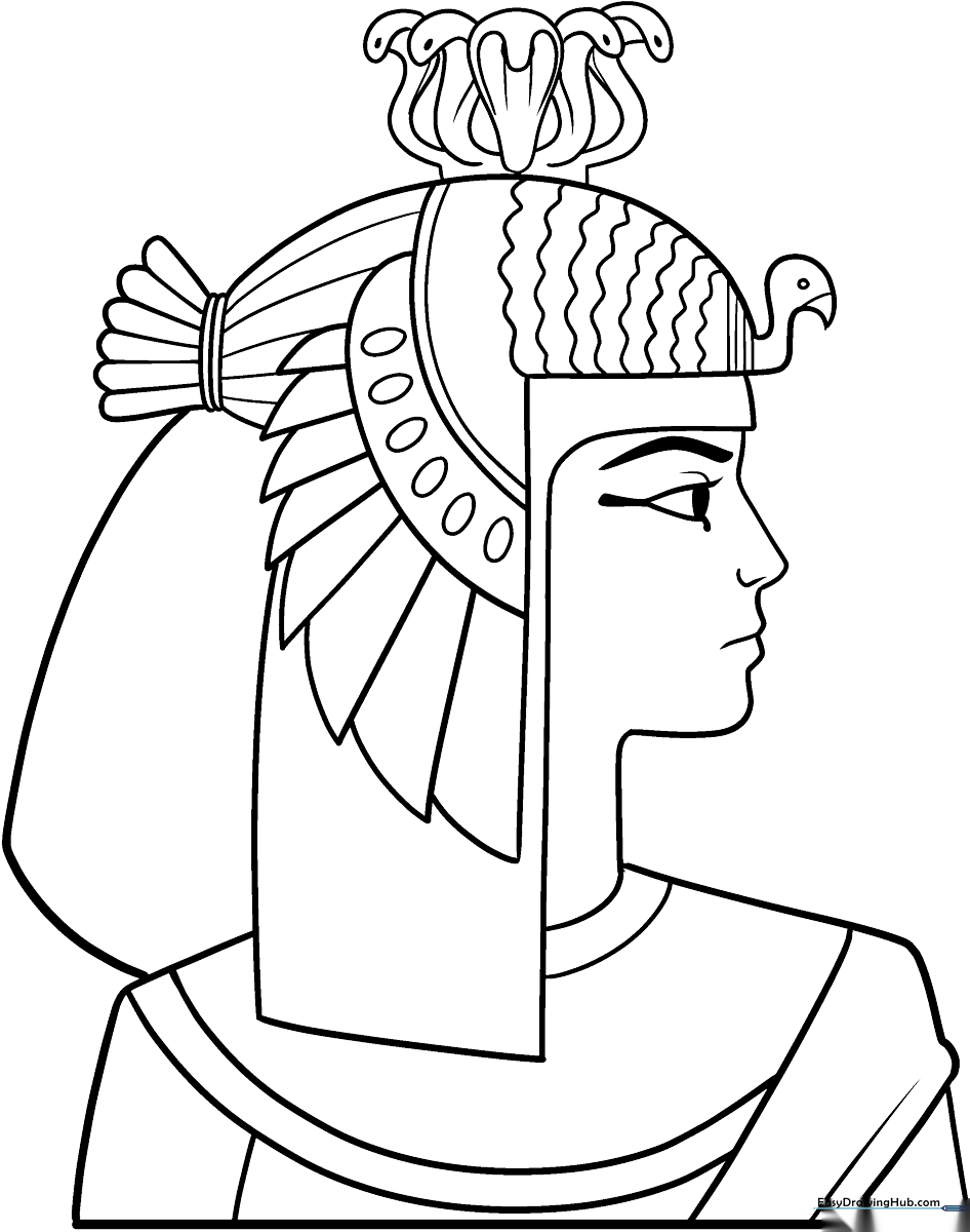Black and white line art of Cleopatra wearing a traditional Egyptian headdress and royal collar, ready for coloring.