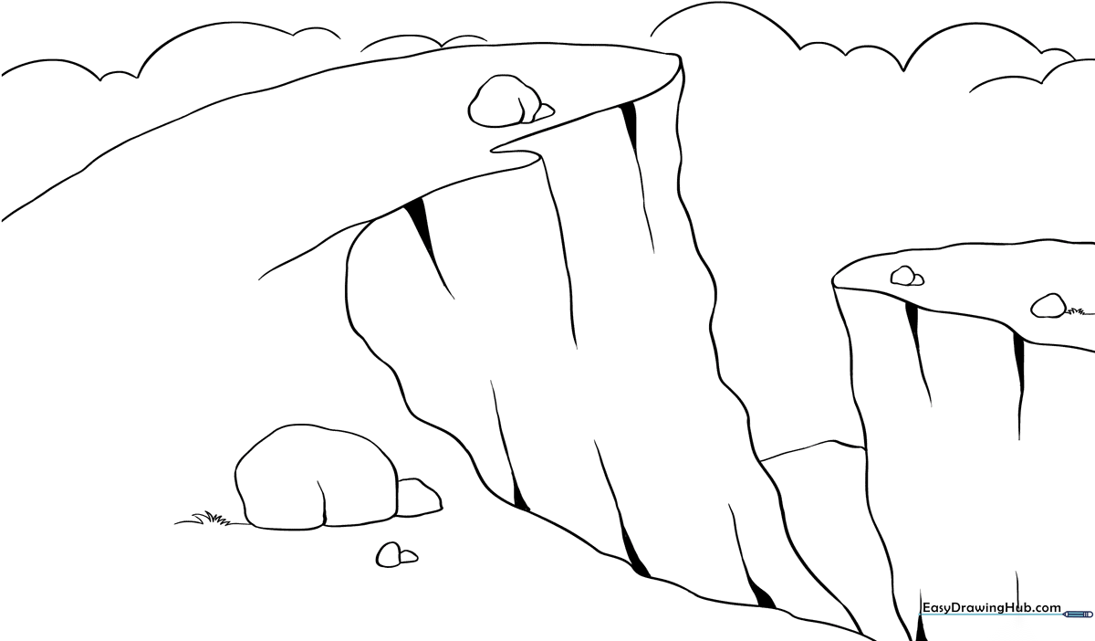 Black and white line art of a jagged cliff edge overlooking the sea, designed for children to color with crayons or markers.