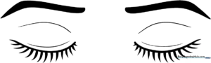 Black and white line art of a pair of closed eyes with long, curved eyelashes, designed for children to color.
