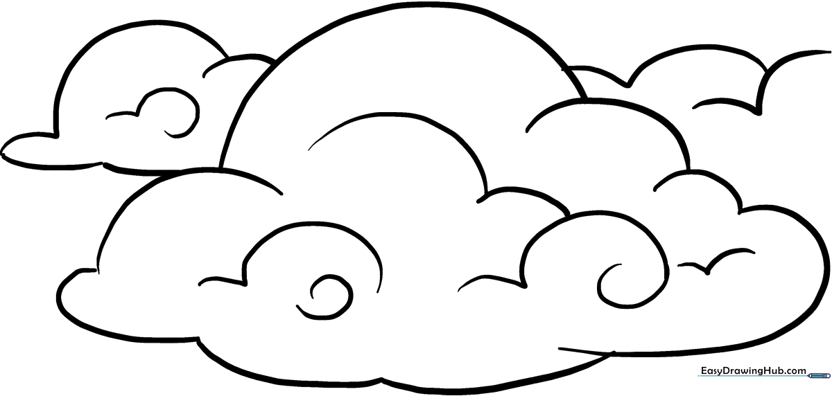 Black and white line art of fluffy cumulus clouds on a clear background, designed for children to color.