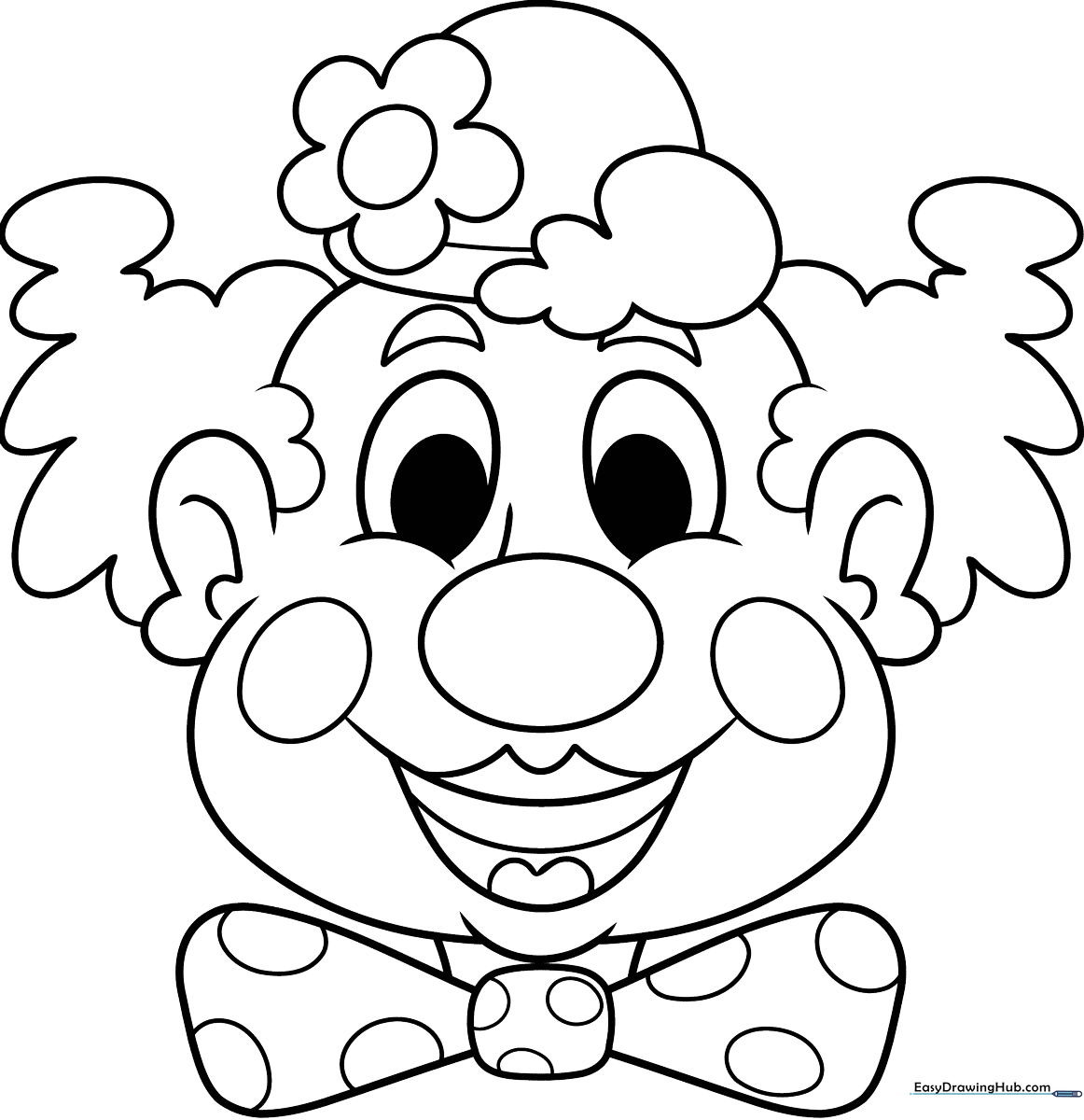 Black and white line art of a friendly clown face with a large smile, big nose, and expressive eyes, ready for children to color.