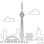 Black and white line art of the CN Tower, featuring clear outlines for easy coloring by children.
