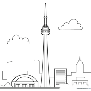 Black and white line art of the CN Tower, featuring clear outlines for easy coloring by children.