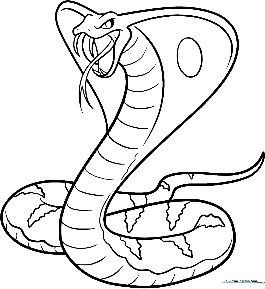 Black and white line art of a cartoon cobra with a flared hood, designed for children to color with markers or crayons.