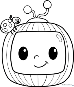 Black and white line art of the Cocomelon logo featuring the iconic ladybug and television shape, ready for children to color.