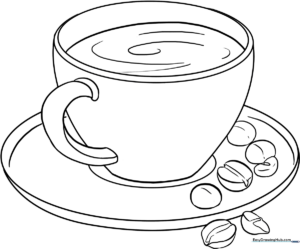 A clean, black-and-white line art illustration of a steaming coffee cup with a handle, designed for children to color.