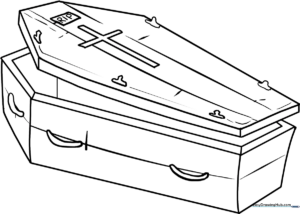 Clean line art of a classic hexagonal coffin, designed for children to color with markers or crayons.