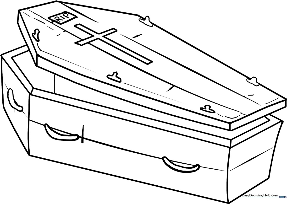 Clean line art of a classic hexagonal coffin, designed for children to color with markers or crayons.