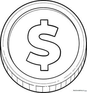 Black and white line art of a circular coin with a simple face design, perfect for children to color with metallic crayons or markers.