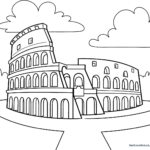 Black and white line art of the Roman Colosseum showing the iconic tiered arches, designed for children to color.