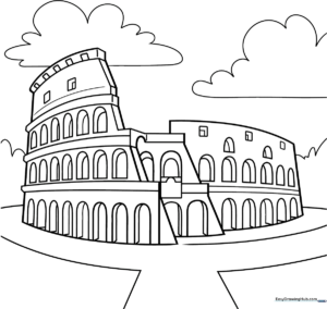 Black and white line art of the Roman Colosseum showing the iconic tiered arches, designed for children to color.