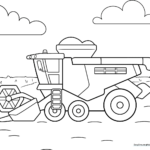 Black and white line art of a combine harvester with large wheels and a header attachment, optimized for children to color.