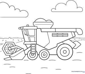 Black and white line art of a combine harvester with large wheels and a header attachment, optimized for children to color.