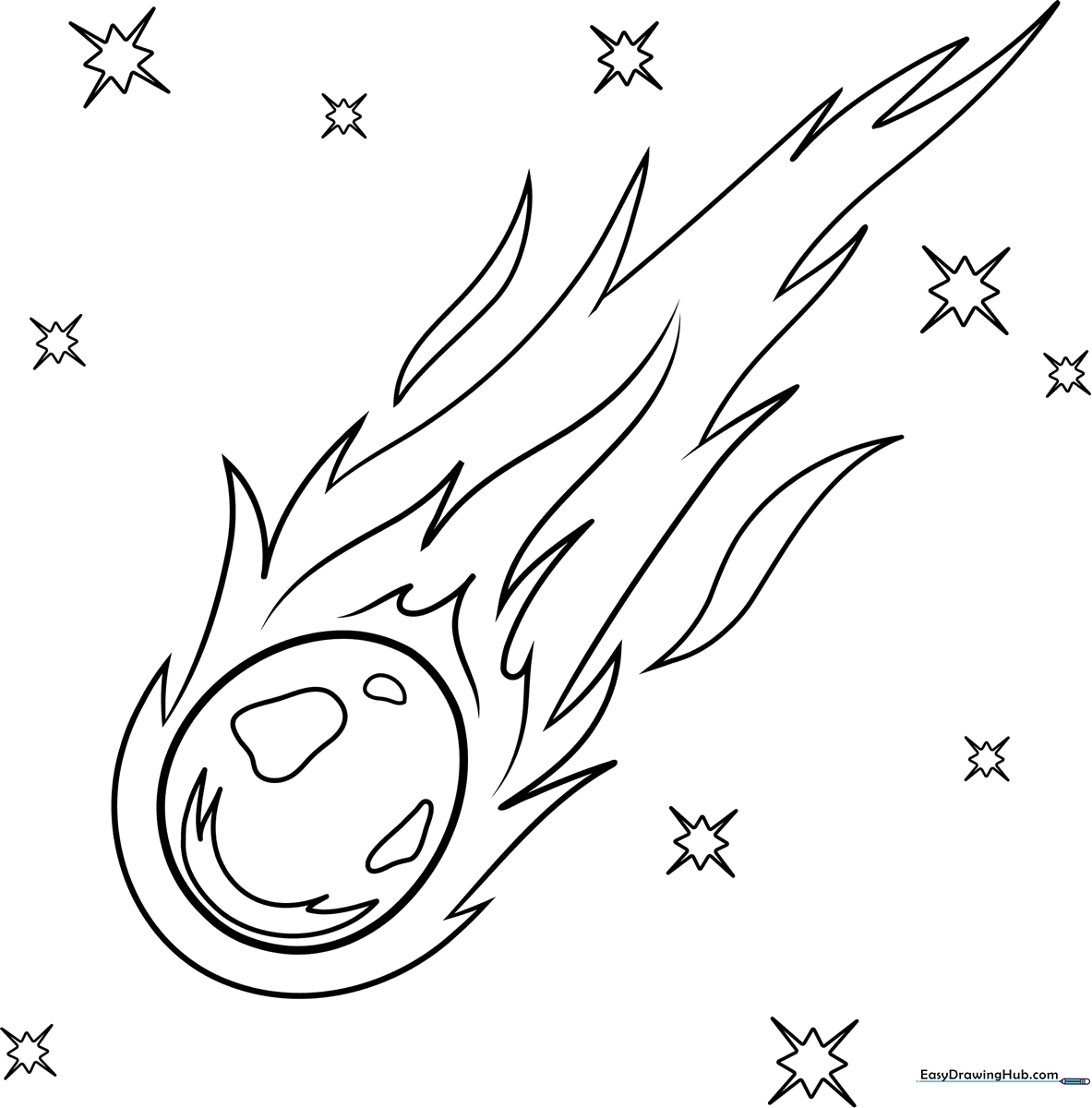 Black and white line art of a cartoon comet with a glowing tail, designed for children to color with markers or crayons.