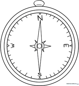 Black and white line art of a classic navigational compass with clear cardinal direction markers, designed for children to color.