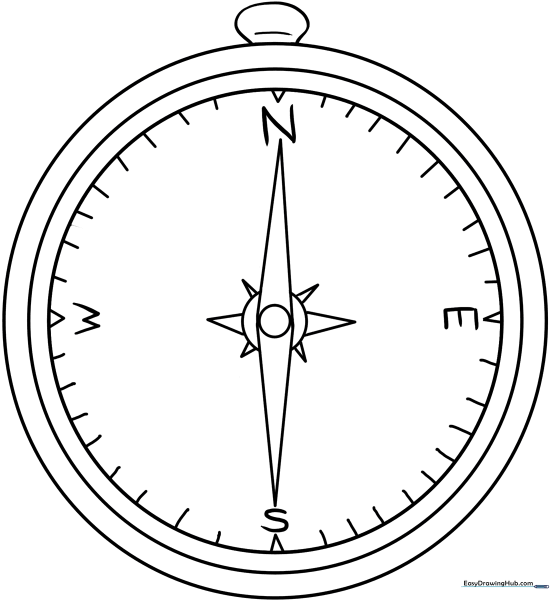 Black and white line art of a classic navigational compass with clear cardinal direction markers, designed for children to color.