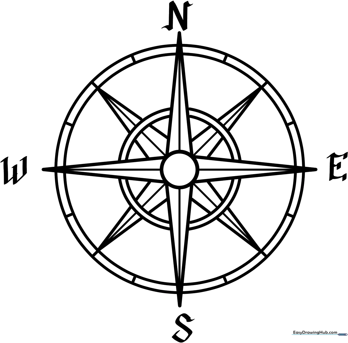 Black and white line art of a classic compass rose with clear cardinal direction markers, designed for children to color.