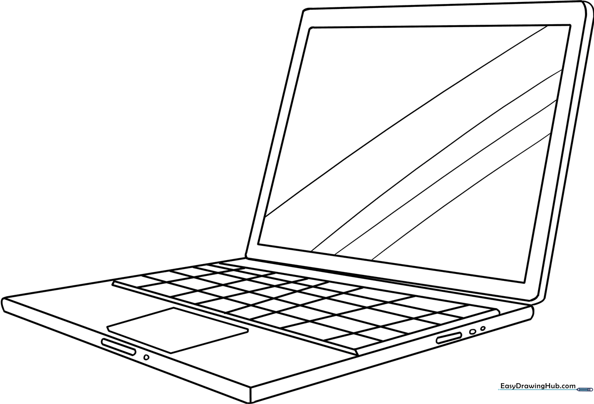 Black and white line art of a desktop computer with a monitor, keyboard, and mouse, designed for children to color.