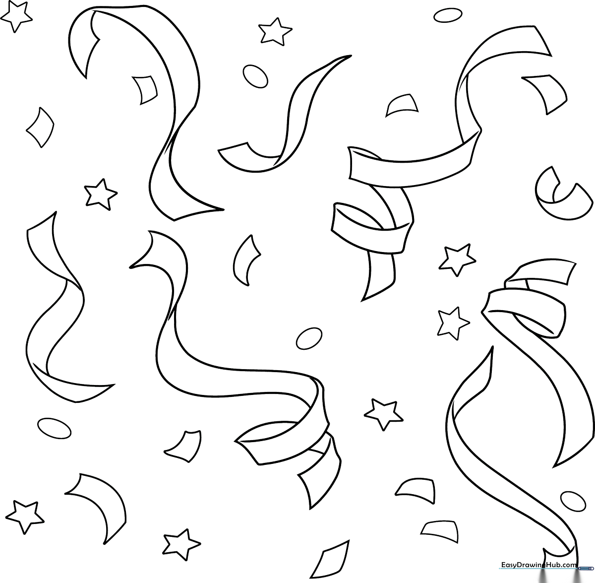 Black and white line art of scattered confetti shapes including circles, squares, and stars, ready for children to color.