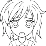 Black and white line art of an anime character with a confused expression, featuring large expressive eyes and a furrowed brow, ready for coloring.