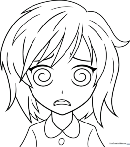 Black and white line art of an anime character with a confused expression, featuring large expressive eyes and a furrowed brow, ready for coloring.
