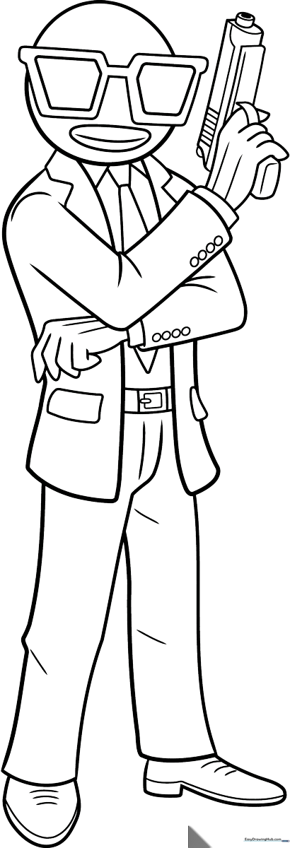 Black and white line art of Contract Giller from Fortnite wearing a suit, ready for coloring.