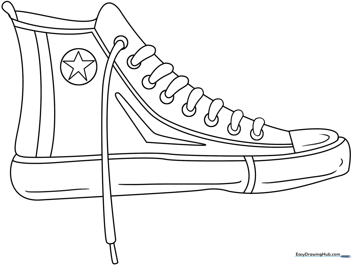 Black and white line art of a classic high-top sneaker with visible laces and stitching, designed for children to color.