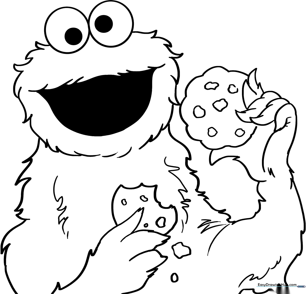 Black and white line art of Cookie Monster from Sesame Street with large googly eyes, ready for children to color with crayons or markers.