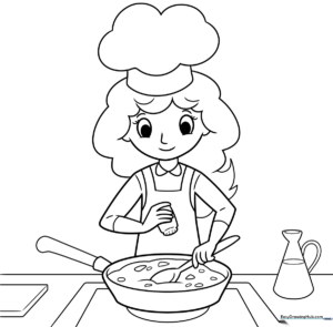 A friendly cartoon character wearing a chef's hat and apron, ready for coloring, with bold outlines perfect for young artists.