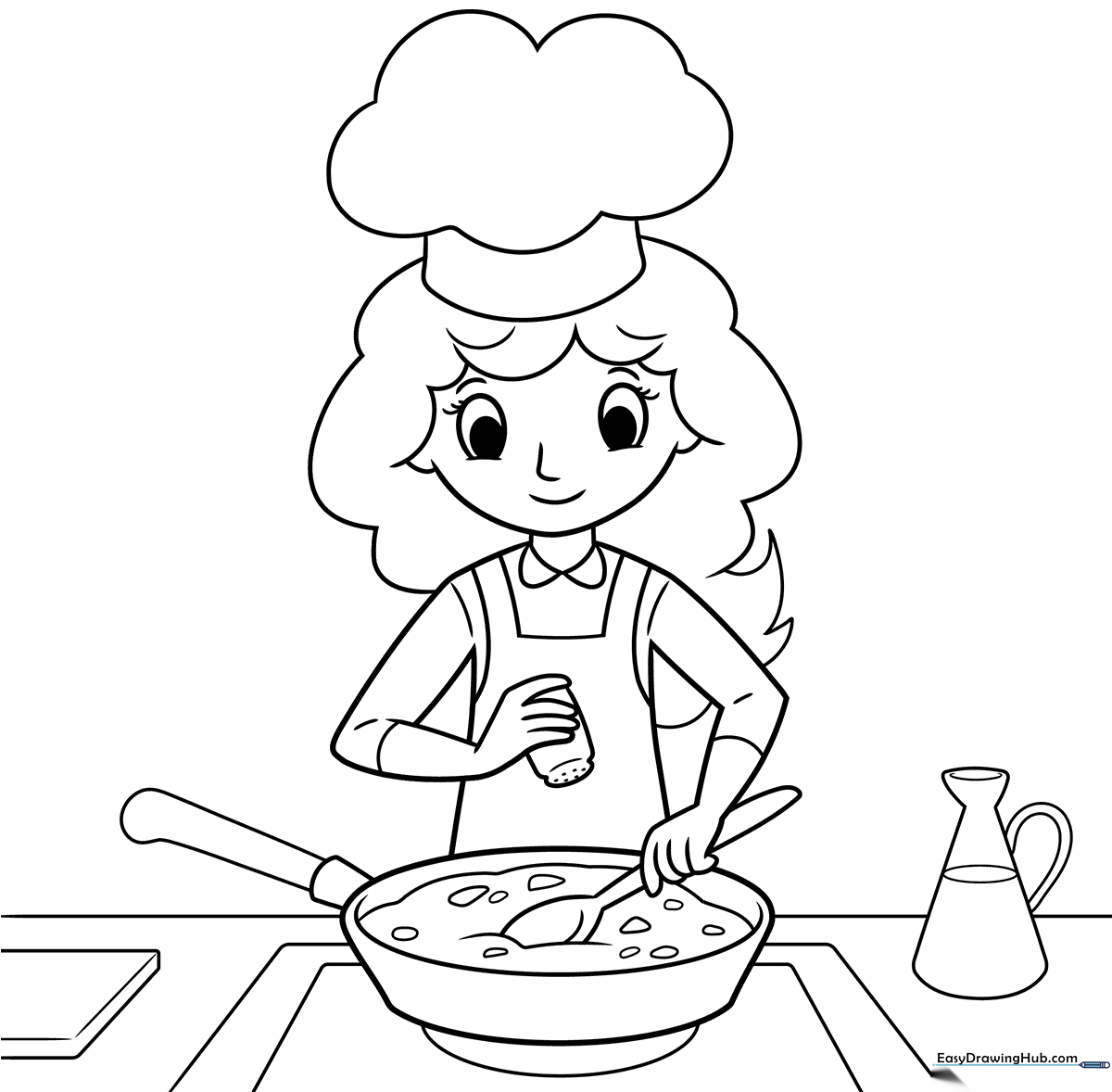 A friendly cartoon character wearing a chef's hat and apron, ready for coloring, with bold outlines perfect for young artists.