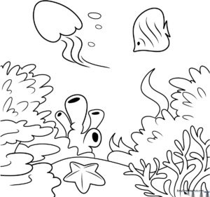 Detailed coral reef scene with various sea plants and rock formations, designed as a black-and-white coloring sheet for children to practice shading and color identification.