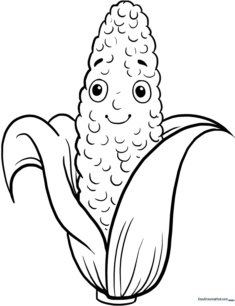 Black and white line art of a corn cob with husks, designed for children to color with crayons or markers.