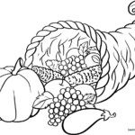 Black and white line art of a traditional cornucopia overflowing with various harvest fruits and vegetables, designed for children to color.