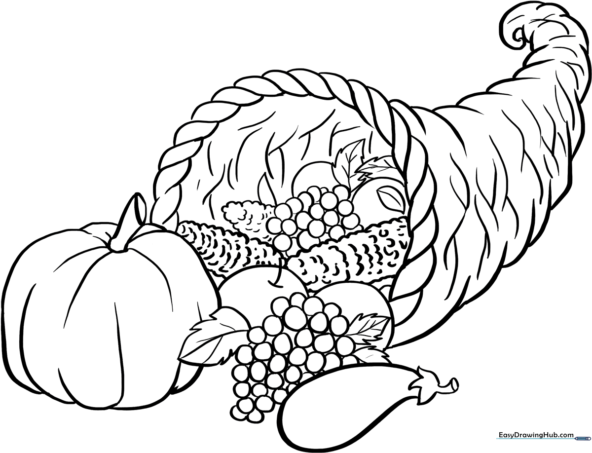 Black and white line art of a traditional cornucopia overflowing with various harvest fruits and vegetables, designed for children to color.