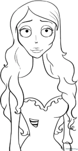 Line art illustration of the Corpse Bride character featuring flowing hair and a detailed wedding dress, designed for children to color.