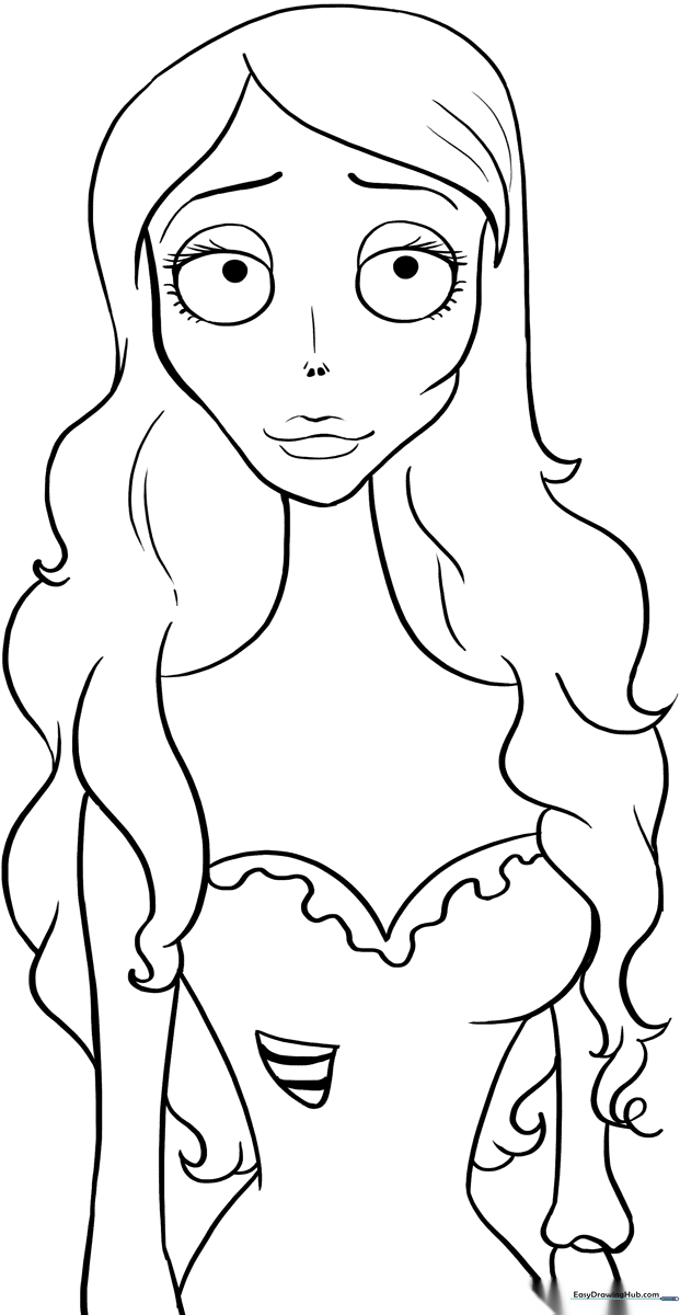 Line art illustration of the Corpse Bride character featuring flowing hair and a detailed wedding dress, designed for children to color.