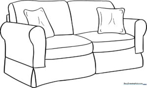 Line art illustration of a comfortable three-seater couch with plush cushions, ready for children to color with crayons or markers.