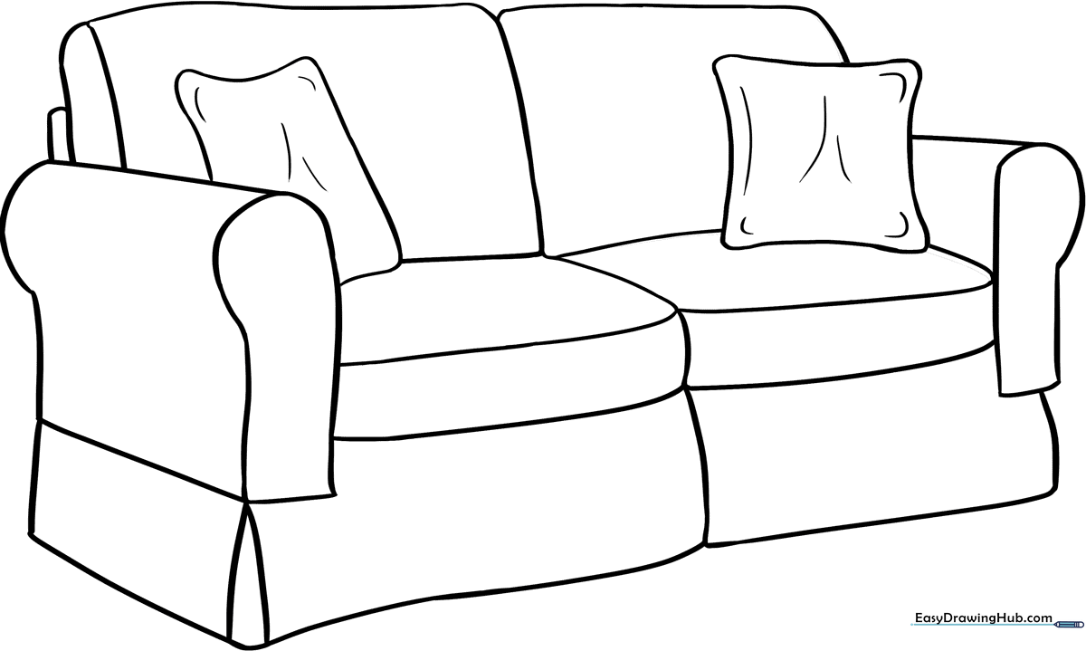 Line art illustration of a comfortable three-seater couch with plush cushions, ready for children to color with crayons or markers.