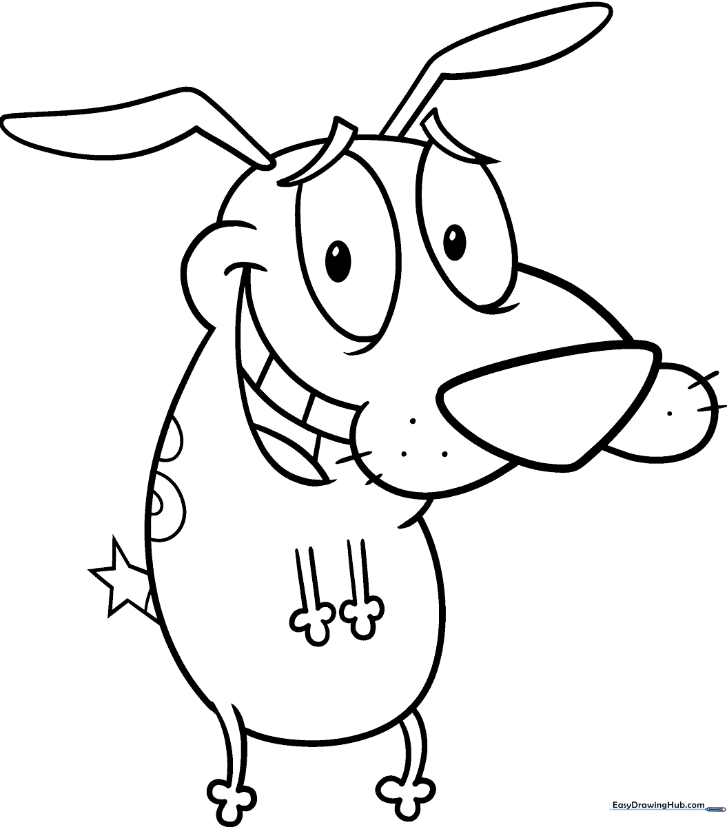 Black and white line art of Courage the Cowardly Dog, featuring his signature large eyes and expressive, nervous posture, ready for coloring.