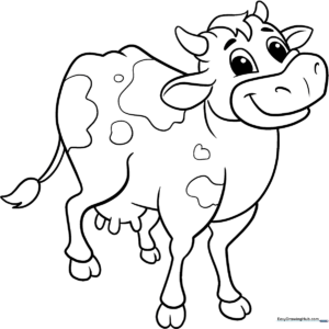 Black and white line art of a friendly cartoon cow with large eyes and spots, ready for children to color.