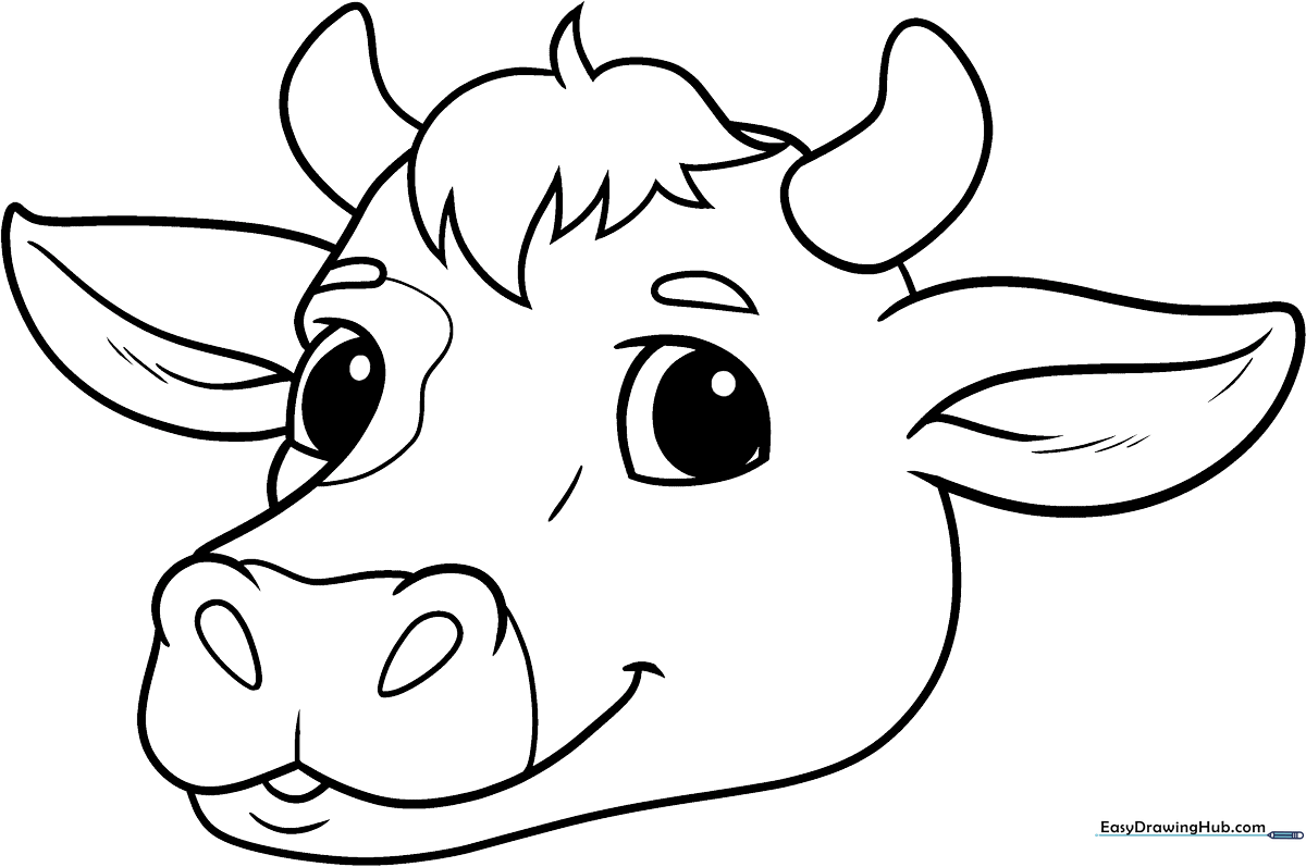 Black and white line art of a cute cow face with large eyes and spots, designed for children to color.