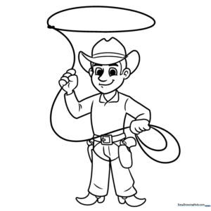 A friendly cartoon cowboy wearing a wide-brimmed hat and a vest, featuring bold outlines for easy coloring by children.