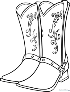 Detailed line art of a pair of classic cowboy boots with decorative stitching, ready for children to color with crayons or markers.