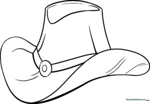 Black and white line art of a classic cowboy hat with a wide brim and detailed crown, ready for children to color.