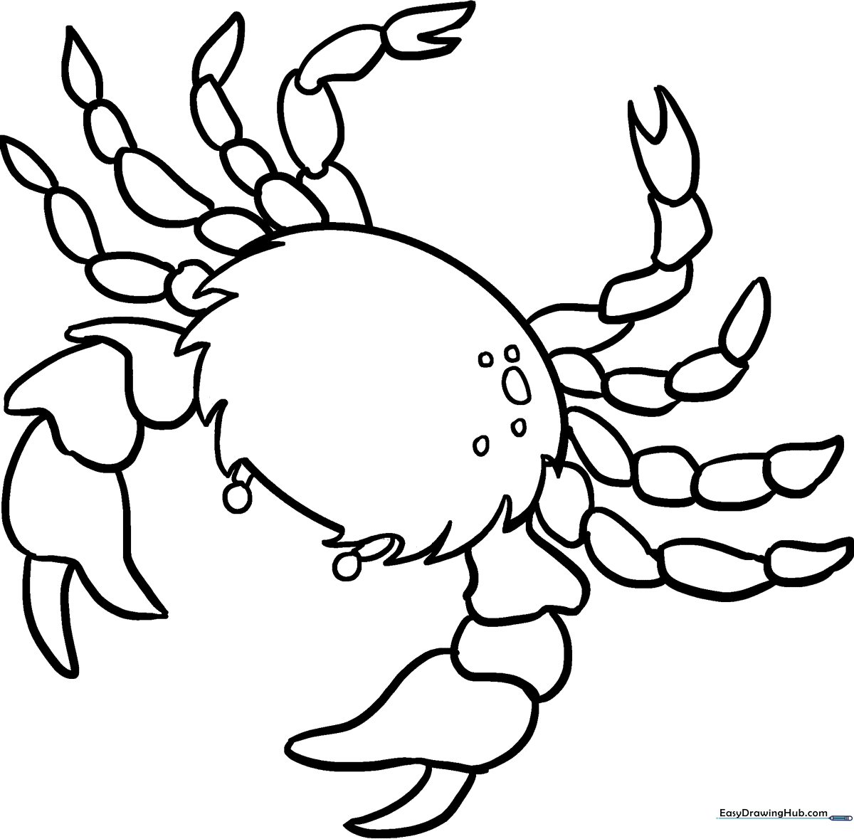 A friendly cartoon crab with large claws and expressive eyes, outlined in bold black lines for easy coloring by children.