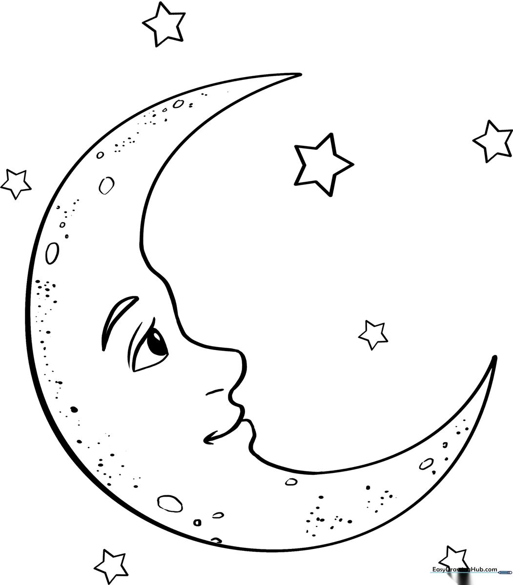 A clean, bold-lined crescent moon illustration on a white background, designed for easy coloring by young children.